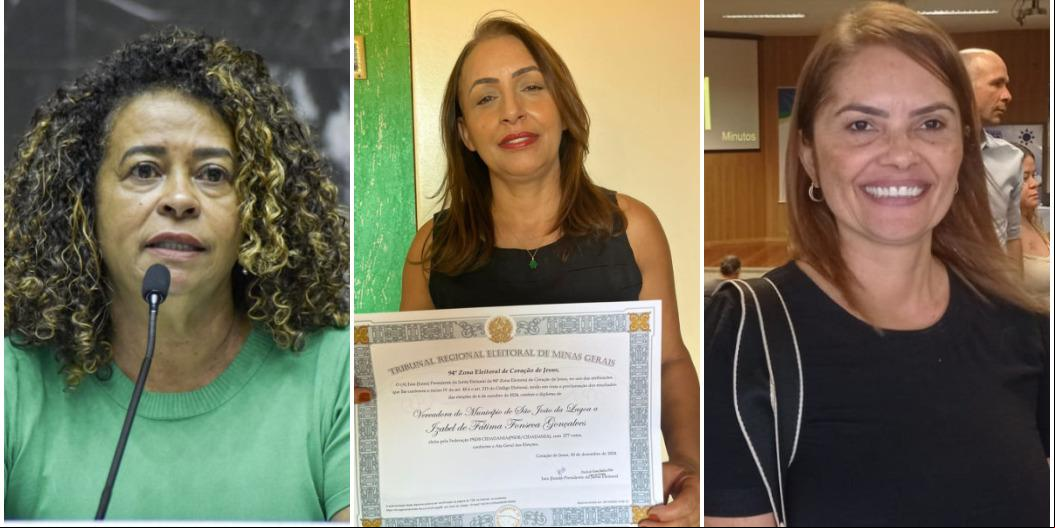 A deputada Leninha (de camiseta verde), primeira mulher negra na Mesa Diretora da ALMG; Izabel Fonseca (centro), única mulher entre os nove vereadores de São João da Lagoa; e Alini Bicalho, primeira prefeita de Francisco Sá. (Willian Dias/ALMG/ARQUIVO PESSOAL/Márcia vieira)